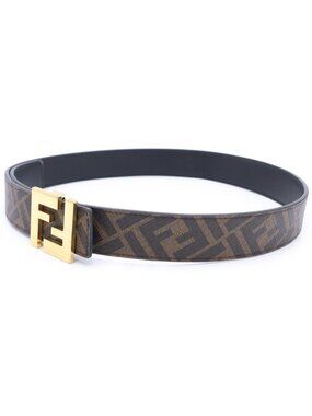 Fendi FF Logo Square Buckle Zucca Pattern Reversible Leather Belt Gold Brown